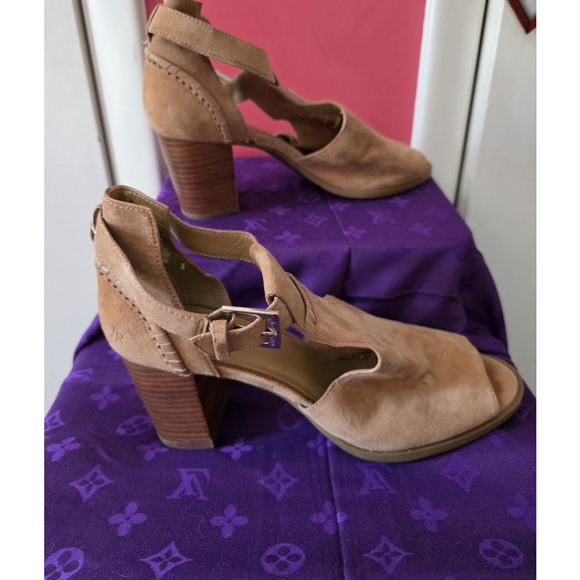 Jack Rogers Sandals Womens Sz 8M Cameron Brown Suede Peep Toe Heel Ankle Strap - Picture 1 of 11